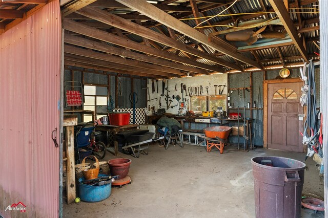 garage with a workshop area