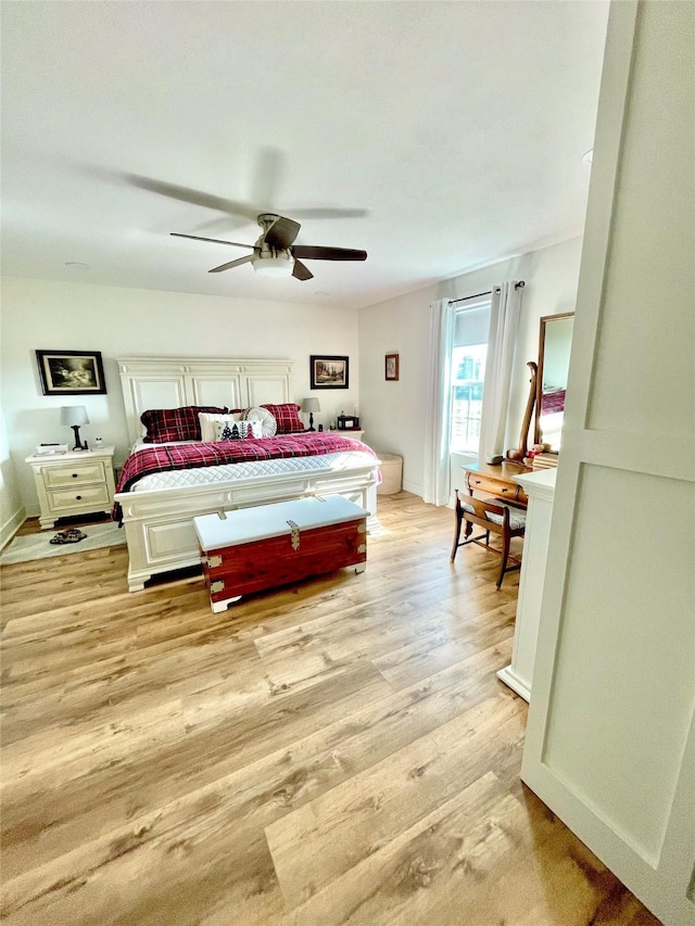 bedroom with ceiling fan and light wood-type flooring