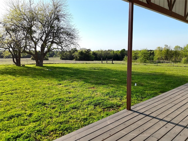 view of yard featuring fence and a wooden deck