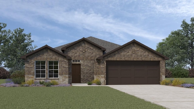 view of front of home with a garage and a front lawn