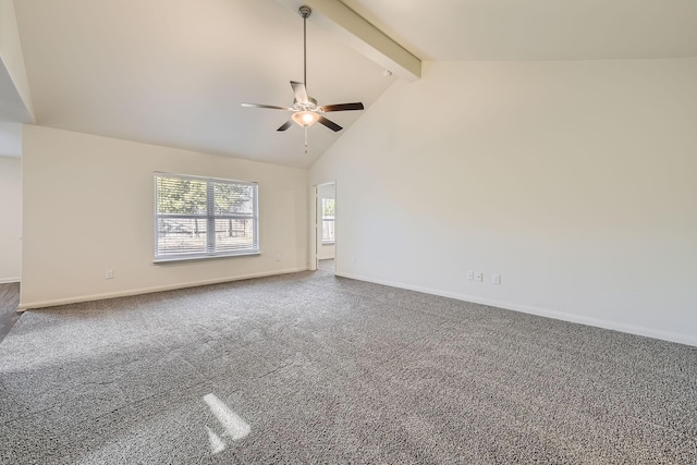 unfurnished room with beamed ceiling, ceiling fan, high vaulted ceiling, and carpet