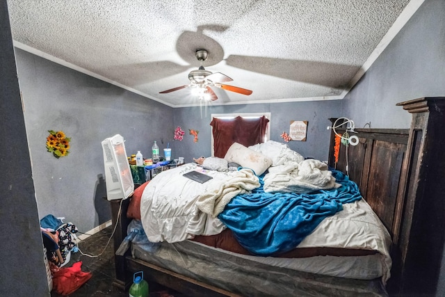 bedroom featuring crown molding, ceiling fan, and a textured ceiling