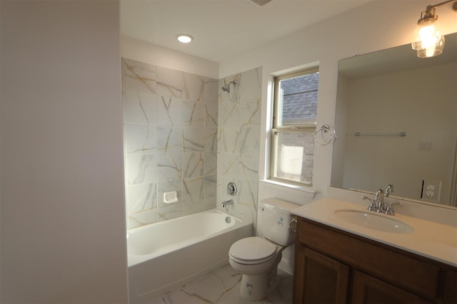 full bathroom with toilet, marble finish floor, bathtub / shower combination, and vanity