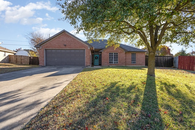 single story home with a front lawn and a garage