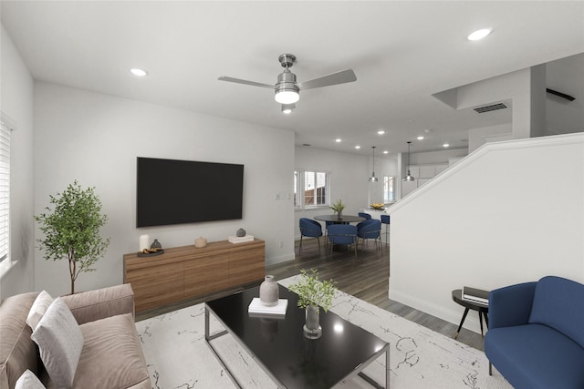 225 Griffith Dr, Princeton, TX 75407 - living room with wood finished floors, stairs, recessed lighting, a ceiling fan, and baseboards