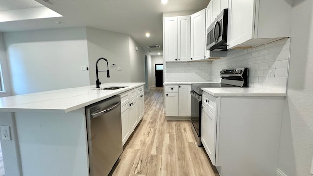 kitchen with sink, white cabinets, light hardwood / wood-style floors, and appliances with stainless steel finishes