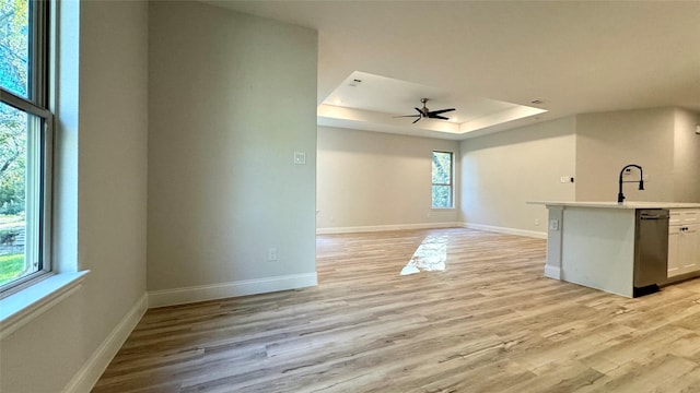 interior space featuring a tray ceiling, light hardwood / wood-style flooring, and plenty of natural light