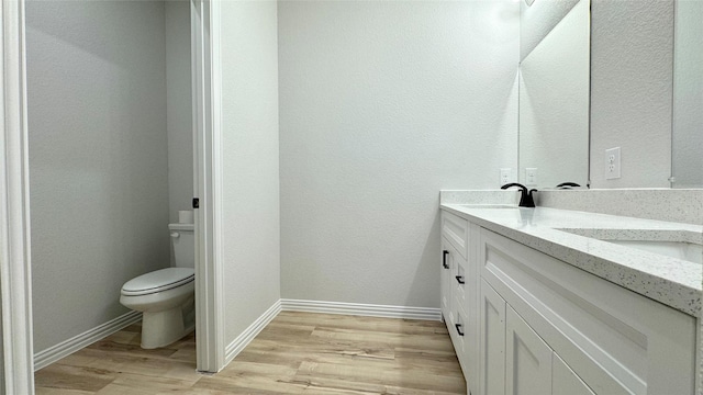 bathroom featuring vanity, wood-type flooring, and toilet