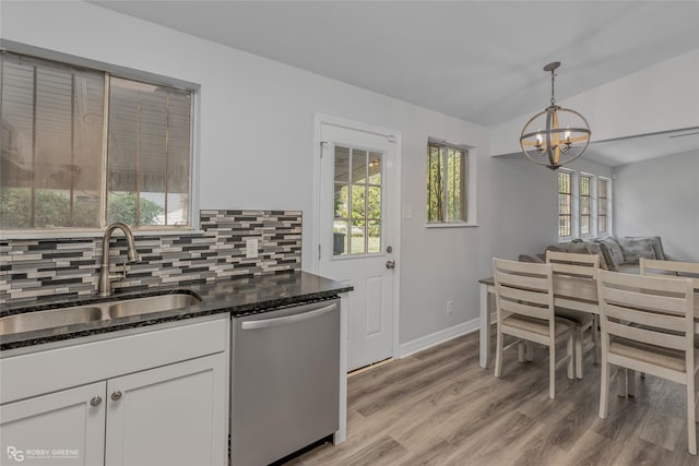 kitchen with sink, tasteful backsplash, stainless steel dishwasher, pendant lighting, and white cabinets