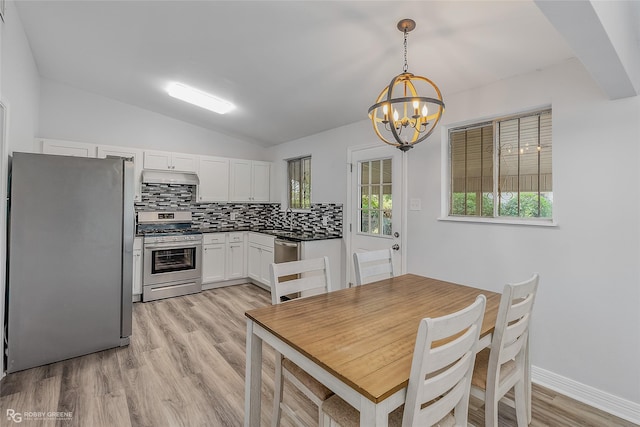 kitchen with vaulted ceiling, pendant lighting, white cabinets, backsplash, and stainless steel appliances