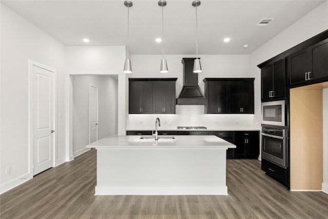 7212 Dragonfly Ln, Little Elm, TX 76227 - kitchen featuring appliances with stainless steel finishes, premium range hood, dark cabinetry, a sink, and backsplash