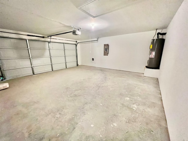 garage featuring electric panel, water heater, and a garage door opener