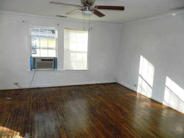 empty room with crown molding, cooling unit, dark wood-type flooring, and ceiling fan