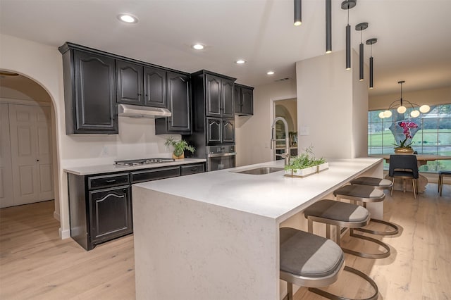 kitchen featuring sink, appliances with stainless steel finishes, decorative light fixtures, and light hardwood / wood-style flooring