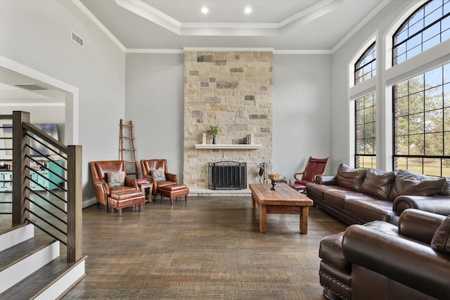 living room featuring a raised ceiling, dark hardwood / wood-style floors, a stone fireplace, and crown molding