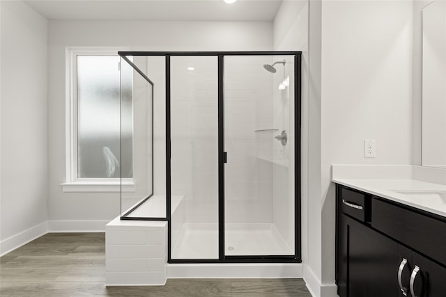 bathroom featuring an enclosed shower, vanity, and plenty of natural light