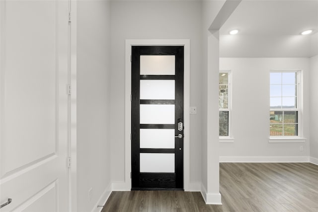 entryway with hardwood / wood-style flooring