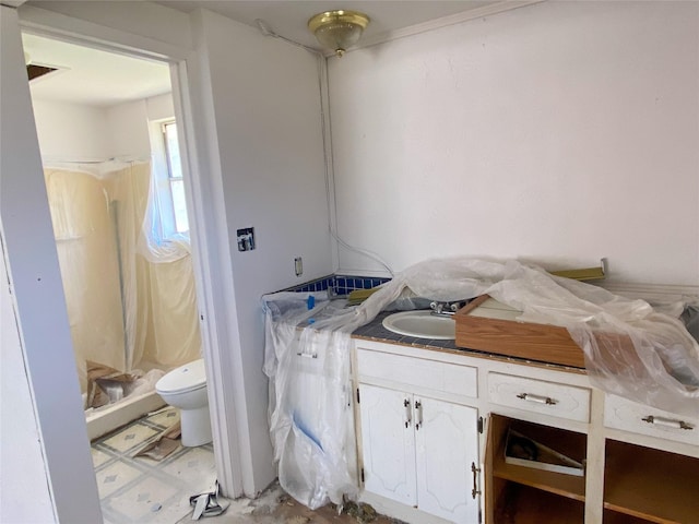 bathroom featuring a shower with shower curtain, vanity, and toilet