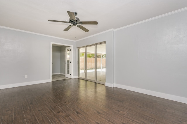 empty room featuring crown molding, ceiling fan, and dark wood-type flooring