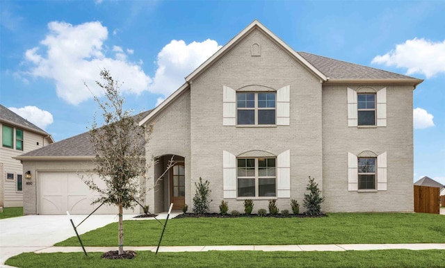 view of front of property with a garage, a front lawn, concrete driveway, and brick siding