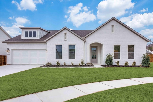 view of front of property with a garage, a front lawn, and brick siding