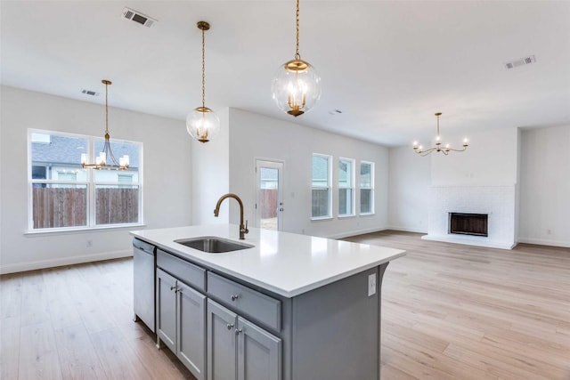 kitchen with a kitchen island with sink, a sink, visible vents, light countertops, and stainless steel dishwasher