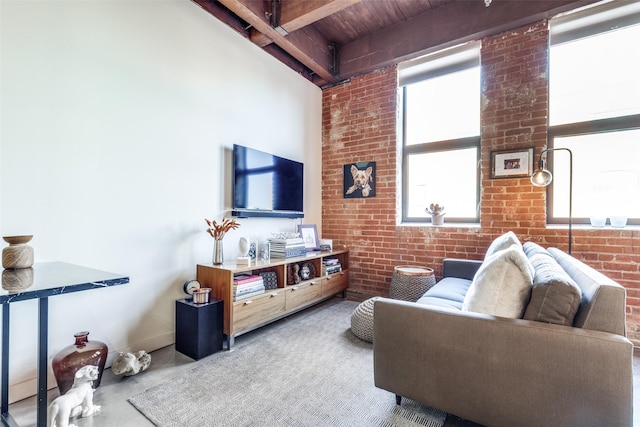 living room featuring brick wall, wood ceiling, and beam ceiling