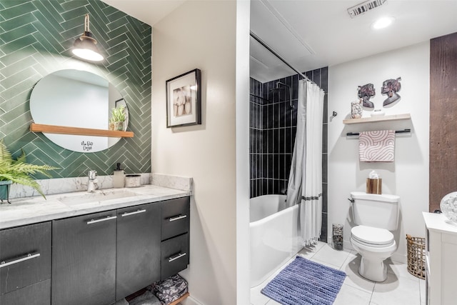 full bathroom featuring tile patterned flooring, tile walls, toilet, shower / bath combination with curtain, and vanity