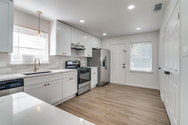 kitchen featuring plenty of natural light, sink, stainless steel appliances, and light hardwood / wood-style flooring