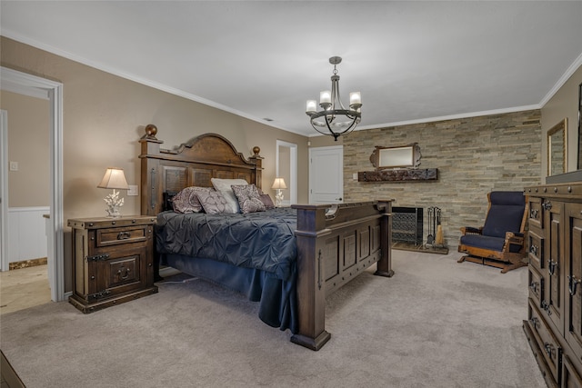 bedroom with an inviting chandelier, light colored carpet, and ornamental molding