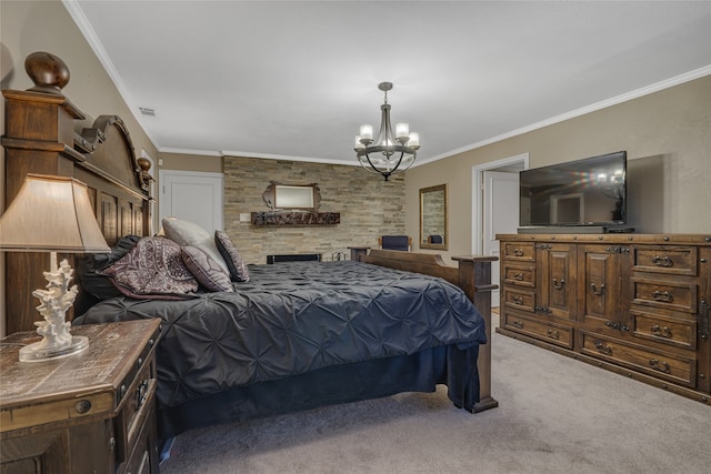 carpeted bedroom featuring ornamental molding and a chandelier