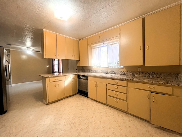 kitchen with dishwasher, sink, stainless steel refrigerator with ice dispenser, kitchen peninsula, and light brown cabinetry