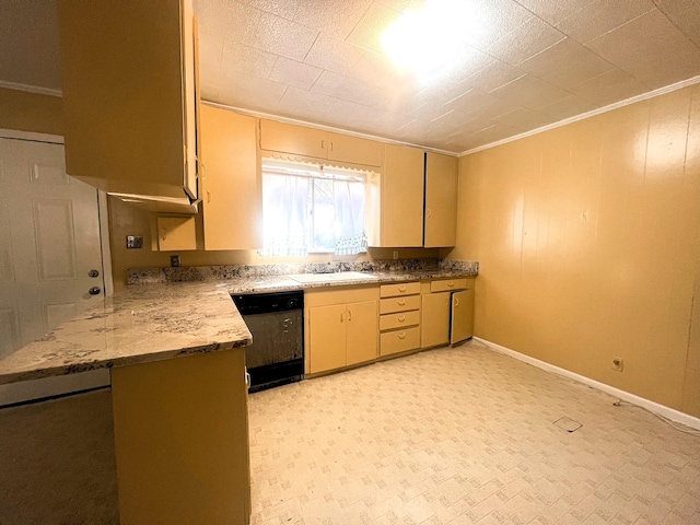 kitchen featuring stainless steel dishwasher, crown molding, light stone counters, and sink