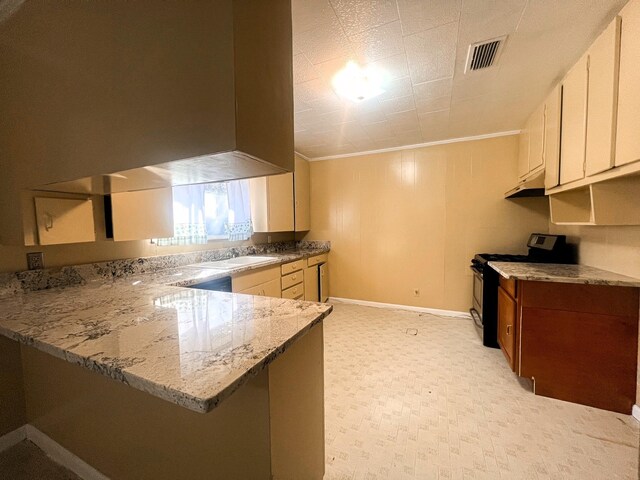 kitchen featuring white cabinetry, electric range, light stone countertops, kitchen peninsula, and crown molding