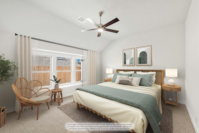 bedroom with carpet, lofted ceiling, and ceiling fan