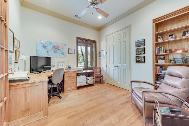 office area with ornamental molding, ceiling fan, and light wood-type flooring