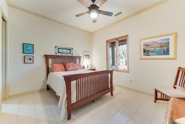 bedroom with crown molding, light tile patterned floors, and ceiling fan