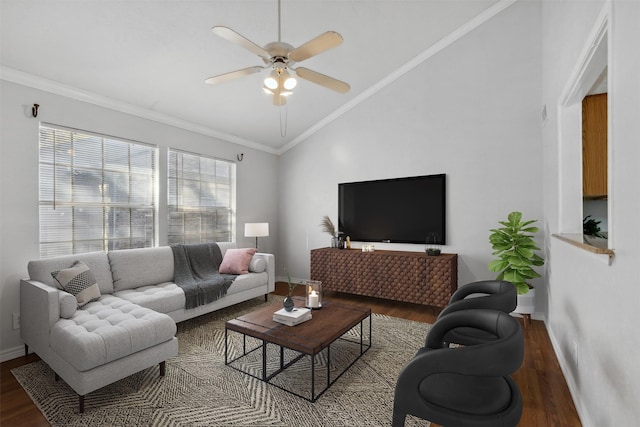 living room featuring dark hardwood / wood-style flooring, high vaulted ceiling, ceiling fan, and crown molding