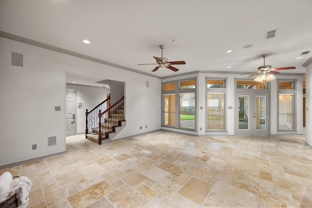 unfurnished living room featuring stone tile flooring, crown molding, and ceiling fan