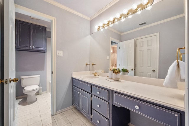 bathroom with tile patterned flooring, crown molding, vanity, and toilet