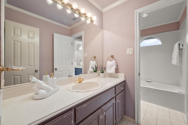 bathroom with tile patterned flooring, shower / bathtub combination, visible vents, vanity, and ornamental molding