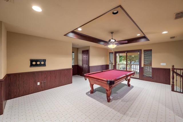 rec room featuring billiards, wood walls, carpet flooring, a tray ceiling, and ceiling fan