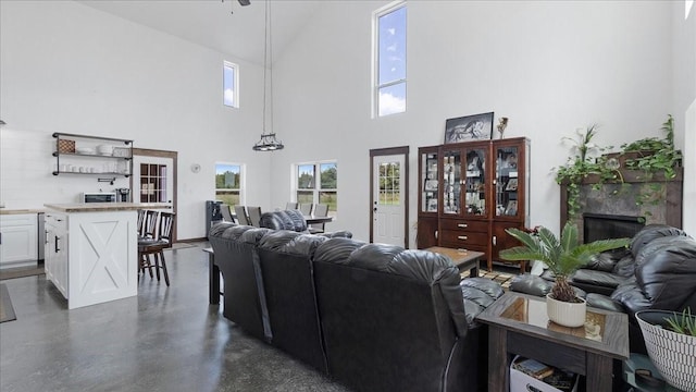 living room with a towering ceiling