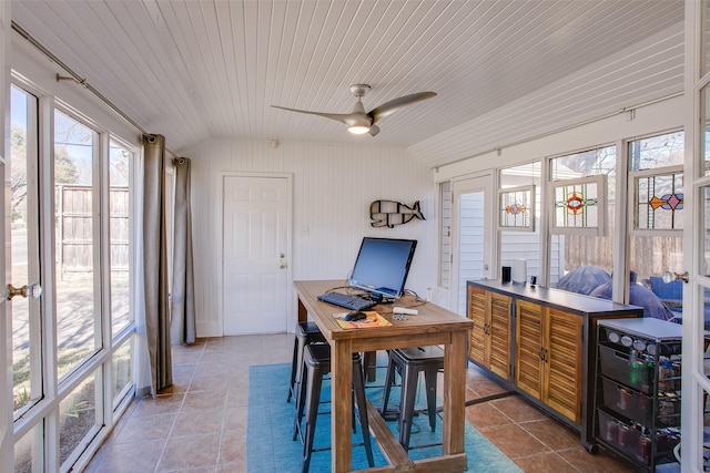 office area with lofted ceiling, wood ceiling, tile patterned floors, and ceiling fan