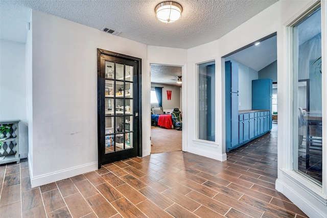 hall featuring a textured ceiling, dark hardwood / wood-style flooring, and a healthy amount of sunlight