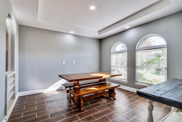 dining space with a textured ceiling, dark hardwood / wood-style floors, and a tray ceiling