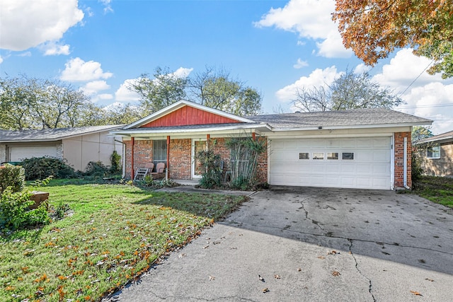 ranch-style home with a porch, a front yard, and a garage