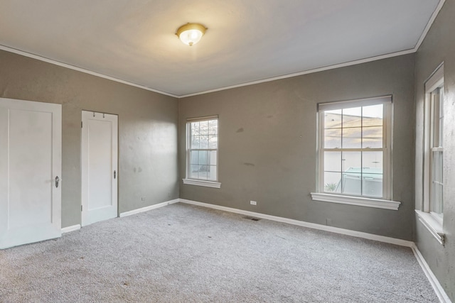 empty room featuring carpet flooring and ornamental molding