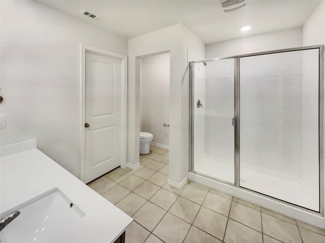 bathroom with tile patterned flooring, vanity, an enclosed shower, and toilet