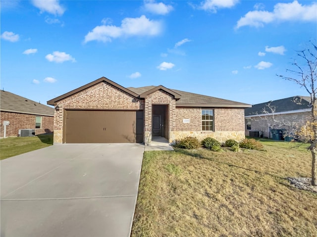 ranch-style house with a garage, a front yard, and cooling unit